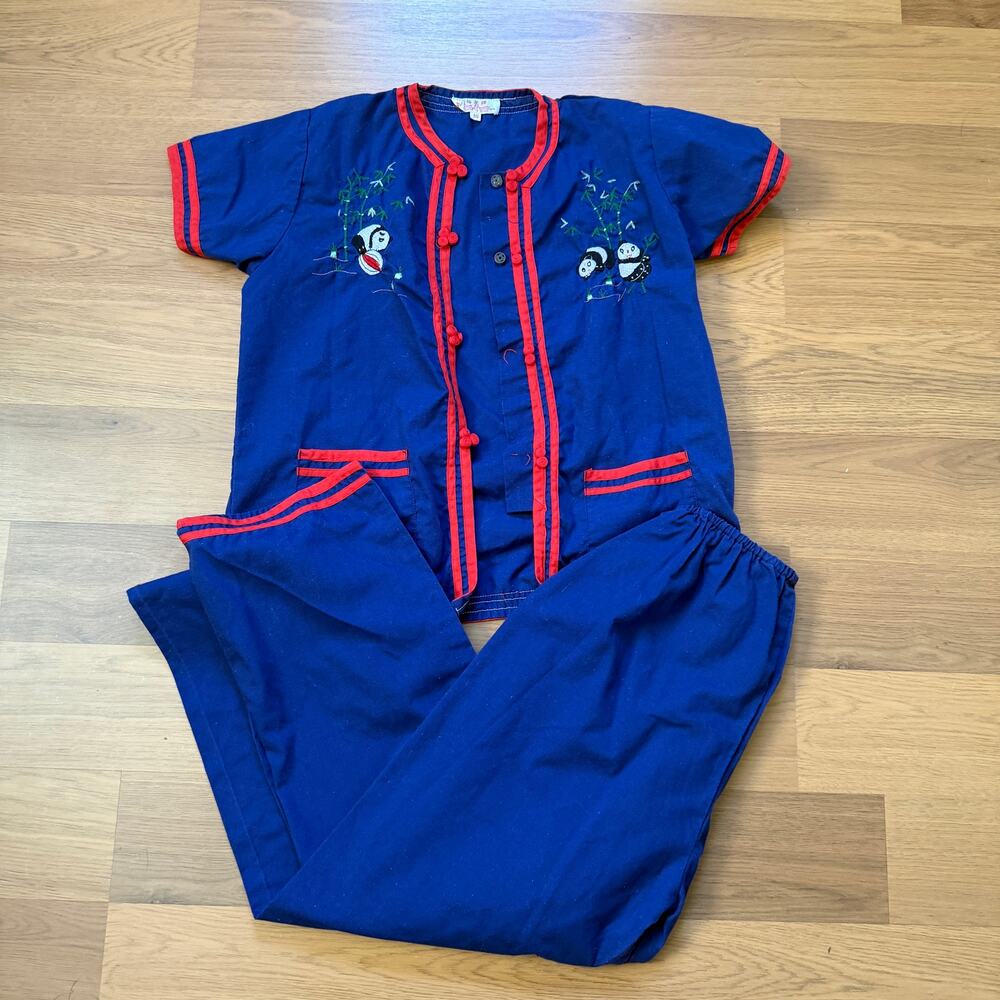 Youth Kids Vintage Plum Blossoms Chinese Asian Embroidered Two Piece Set Sz 10